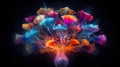 magic psychedelic mushrooms in colorful glow, explosion of colors, psilo shrooms concept background