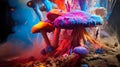 magic psychedelic mushrooms in colorful glow, explosion of colors, psilo shrooms concept background