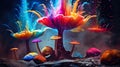 magic psychedelic mushrooms in colorful glow, explosion of colors, psilo shrooms concept background
