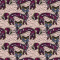 Magic quirky living dead contemporary style bone zombie Cat seamless pattern. Retro modern kitty aesthetic background. Royalty Free Stock Photo