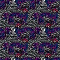 Magic quirky living dead contemporary style bone zombie Cat seamless pattern. Retro modern kitty aesthetic background.