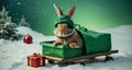 Magic rabbit with santa cap with bag full of surprise - Ai image generated Royalty Free Stock Photo