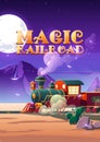 Magic railroad cartoon poster. Steam train riding