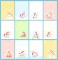 Magic cute unicorn cartoon template for birthday calendar, girl journal card, children note or planner for kids. Cards