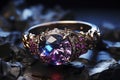 Magic ring made of precious metal with a large gemstone close-up, AI Generated