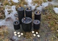 Magic ritual with black candles and runes in winter outside Royalty Free Stock Photo