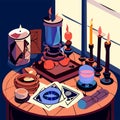 Magic room interior with candles, tarot cards and runes. Esoteric, occult and divination concept. Vector illustration AI Generated