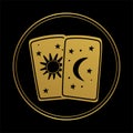 Magic round icon for stories, two golden tarot cards with moon and sun on a black background. Symbol of Edma, prediction