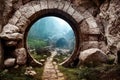 Magic round portal in ancient stone arch fairytale background. Mysterious place surrounded with rock cliff pillars and