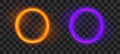 Magic round portal. Futuristic orange and violet teleport. Vector fantasy glowed circle frame set.