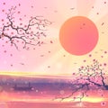 Magic sakura flowers over red sun with fields and lake water, beautiful Japanese nature landscape with sunrise, digital asian art