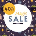 Magic sale 40 p.c. off banner template, cartoon style. Discount promotion layout poster for web or social media