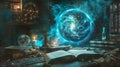 Magic scene. A floating blue ball in the shape of a planet above an open book of spells. In the background there are