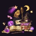 Magic school illustration. Magical greeting card with owl, stars, moon crystals and old spellbook