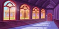 Magic school interior. Medieval palace hallway background for game design