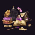 Magic school objects. Magical illustration with owl, stars, moon crystals