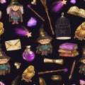 Magic school seamless pattern. Magical texture with owl, stars, moon crystals and old books