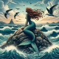 The Magic of the Sea: Mermaid and the Flying Birds Royalty Free Stock Photo