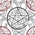 Seamless pattern with pentagram and mystic symbols on white.