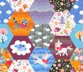 Magic seamless patchwork pattern with cute raccoon, unicorn, fox, bird, fairy forest and clouds. Quilting design for cozy home