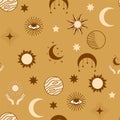 Magic seamless pattern with constellations, sun, moon, magic eyes, clouds and stars. Mystical esoteric Royalty Free Stock Photo