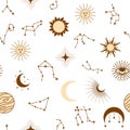 Magic seamless pattern with constellations, sun, moon, magic eyes, clouds and stars. Mystical esoteric Royalty Free Stock Photo