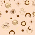 Magic seamless pattern with constellations, sun, moon, magic eyes, clouds and stars. Mystical esoteric Royalty Free Stock Photo