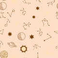 Magic seamless pattern with constellations, sun, moon, magic eyes, clouds and stars. Mystical esoteric Royalty Free Stock Photo