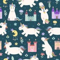 Magic seamless pattern with cute little unicorn and castles Royalty Free Stock Photo