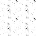 Magic seamless pattern with hand Sun moon and stars. Mystical esoteric and celestial background. Vector illustration