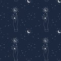 Magic seamless pattern with hand Sun moon and stars. Mystical esoteric and celestial dark blue background. Vector