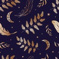 Magic seamless pattern. Moon, ferns, summer grasses, golden feathers, night sky, stars. Vector illustration. Halloween Royalty Free Stock Photo