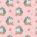 Magic seamless pattern with unicorn, butterflies, stars pink vector