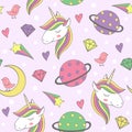 Magic seamless pattern with unicorn and planets