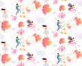 Magic seamless pattern witn winged unicorns, autumn leaves, elves, fairies, gentle pink flowers, clouds and birds