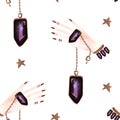 Magic seamless pattern. Woman\'s hand with a crystal on a chain and gold stars. Ritual for predicting the future. Mystical