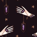 Magic seamless pattern. Woman's hand with a crystal on a chain and gold stars. Lithomancy. Mystical divination