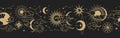 Magic seamless vector border with moons, clouds, stars and suns. Chinese gold decorative ornament. Graphic pattern for