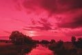 Magic serene sunrise over the lake. Rural landscape in Viva magenta color Royalty Free Stock Photo