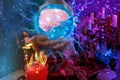 magic session, divination with magic ball of fate, wishes, human brain model in crystal sphere, attributes of occultism, esoteric Royalty Free Stock Photo