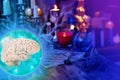 Magic session, dollar banknotes, money on esoteric table, divination with magic ball, human brain model in crystal sphere, Royalty Free Stock Photo