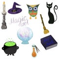 Magic set lettering. Set of halloween icons. Witch`s hat, black cat, crystal ball, burning candle, magic book, broomstick, pot wit Royalty Free Stock Photo