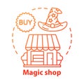 Magic shop concept icon. Witchcraft accessories sale idea thin line illustration. Esoteric souvenirs, supernatural items