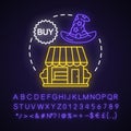 Magic shop neon light concept icon. Witchcraft accessories sale idea. Glowing sign with alphabet, numbers and symbols