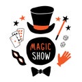 Magic show banner. Magician top hat, mask, cards, glove, magic wand, illusionist performance. Funny doodle hand drawn illustration Royalty Free Stock Photo