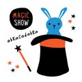 Magic show banner. Rabbit in top hat, magic wand, illusionist performance. Funny doodle hand drawn Royalty Free Stock Photo