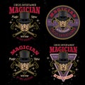 Magic show and illusionists set of vector emblems, logos, badges or labels with magician in cylinder hat and crossed