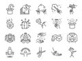 Magic show line icon set. Included the icons as unicycle, magician, acrobatics, clown, magical wand, performance, juggling, exciti