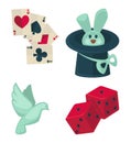 Magic show magician trick equipment vector flat bunny hat, dove and cards icons Royalty Free Stock Photo