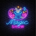 The magic show neon sign vector. Focus and entertainment Design template neon sign, light banner, nightly bright